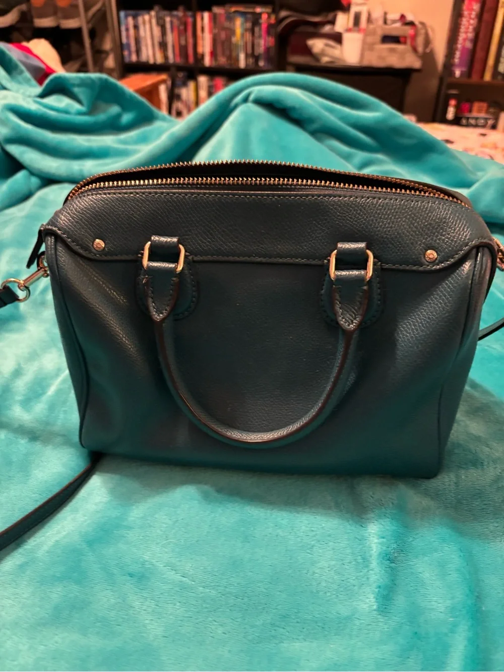 COACH Teal Pebbled Leather Dome Satchel with Detachable Strap